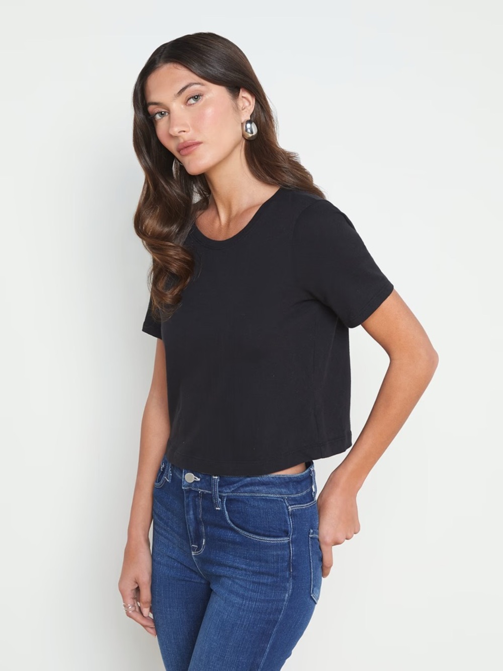L’Agence Donna Cotton Cropped Tee Black Medium NEW